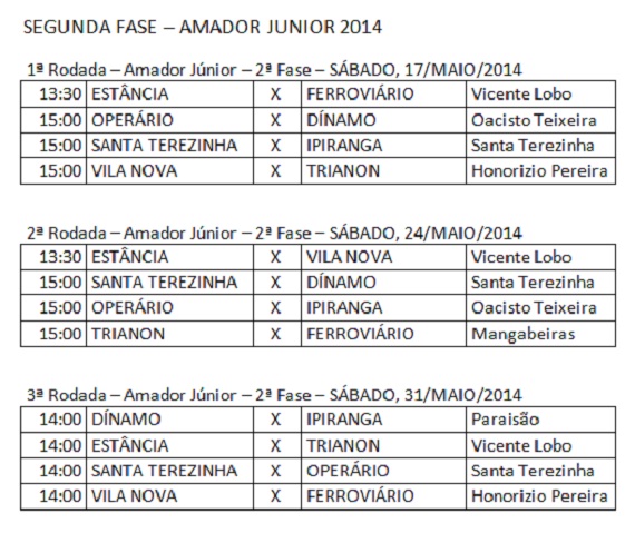 2ª Fase Tabela Campeonato Amador Júnior